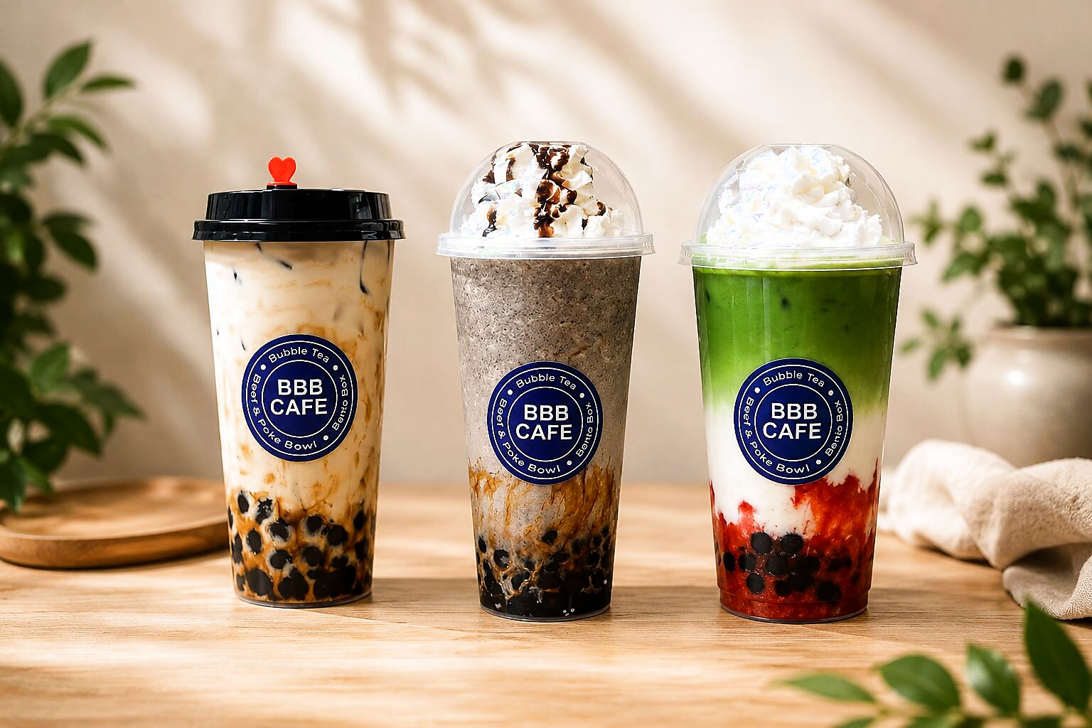 Trio of bubble teas — brown sugar boba, oreo, strawberry matcha