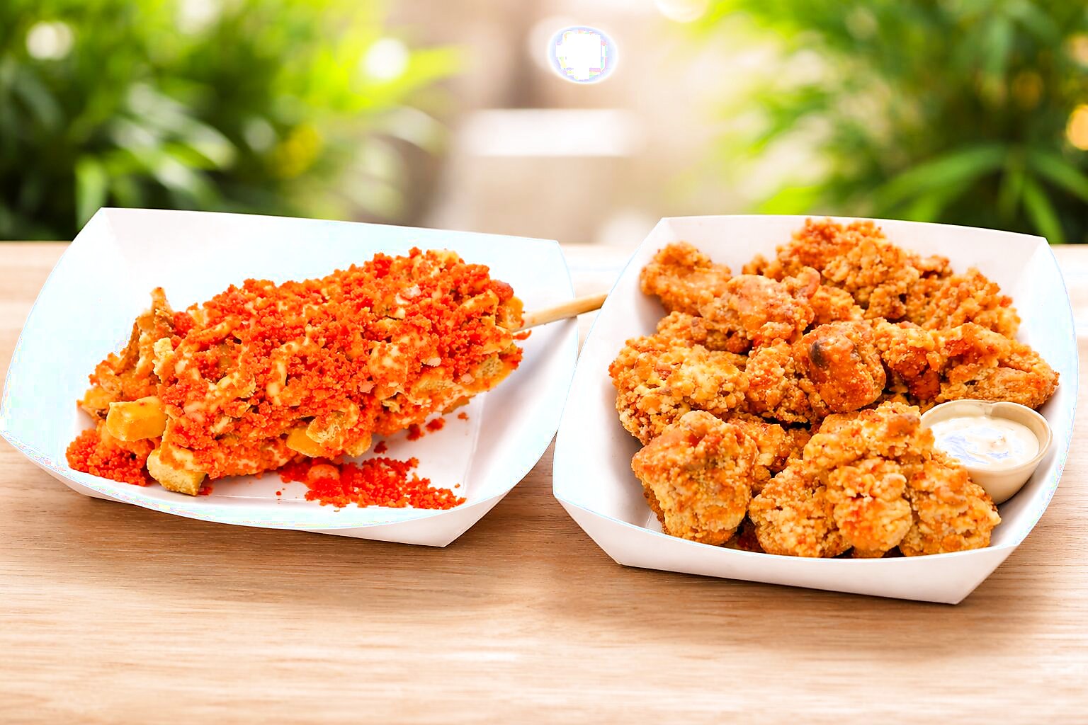 Spicy Korean corn dog and popcorn chicken